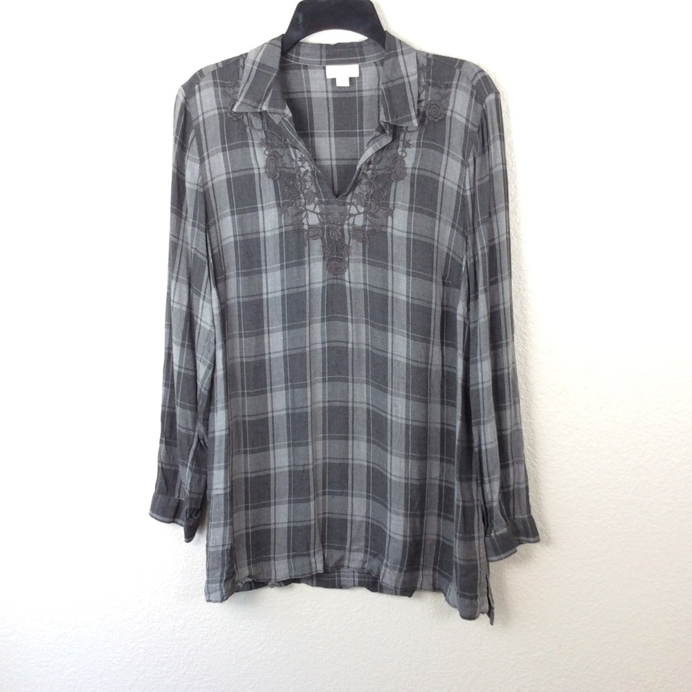 J.Jill Embroidered Windowpane Plaid Blouse